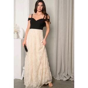 Maniju Evening Formal Dress sz L Black Bodice Ivory Lace Skirt Bridesmaid Party